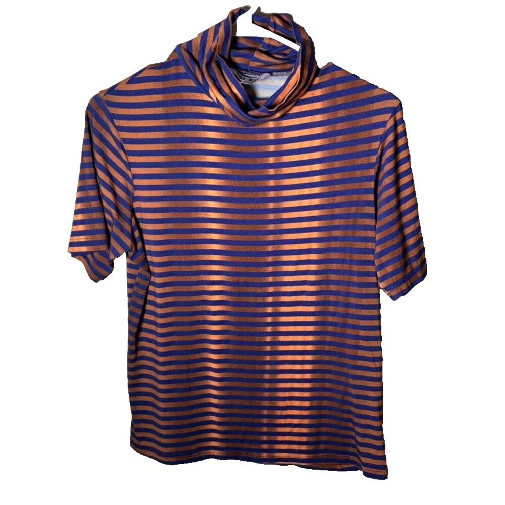 The Kit. T-Shirt Women's Large Striped Mock Neck Short Sleeve Colorful Top